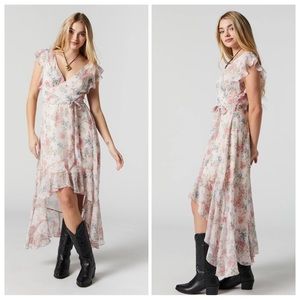 White Floral Print Self Tie High-Low Midi Dress.